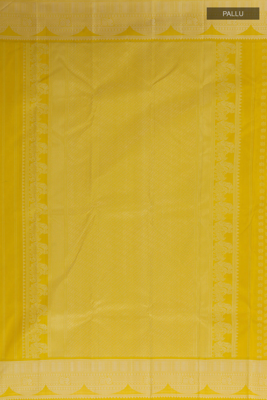 Close up image of the pallu of Pure Silk Yellow Kanjivaram Saree with Thread Butta on the body and Thread Border. 