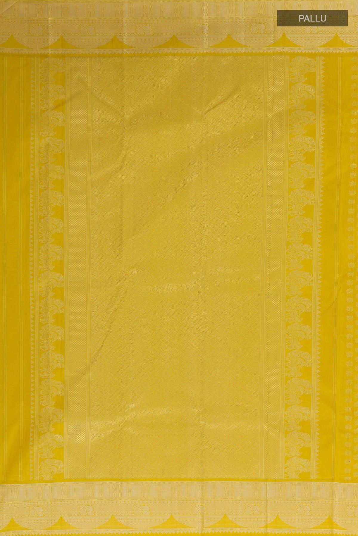 Close up image of the pallu of Pure Silk Yellow Kanjivaram Saree with Thread Butta on the body and Thread Border. 
