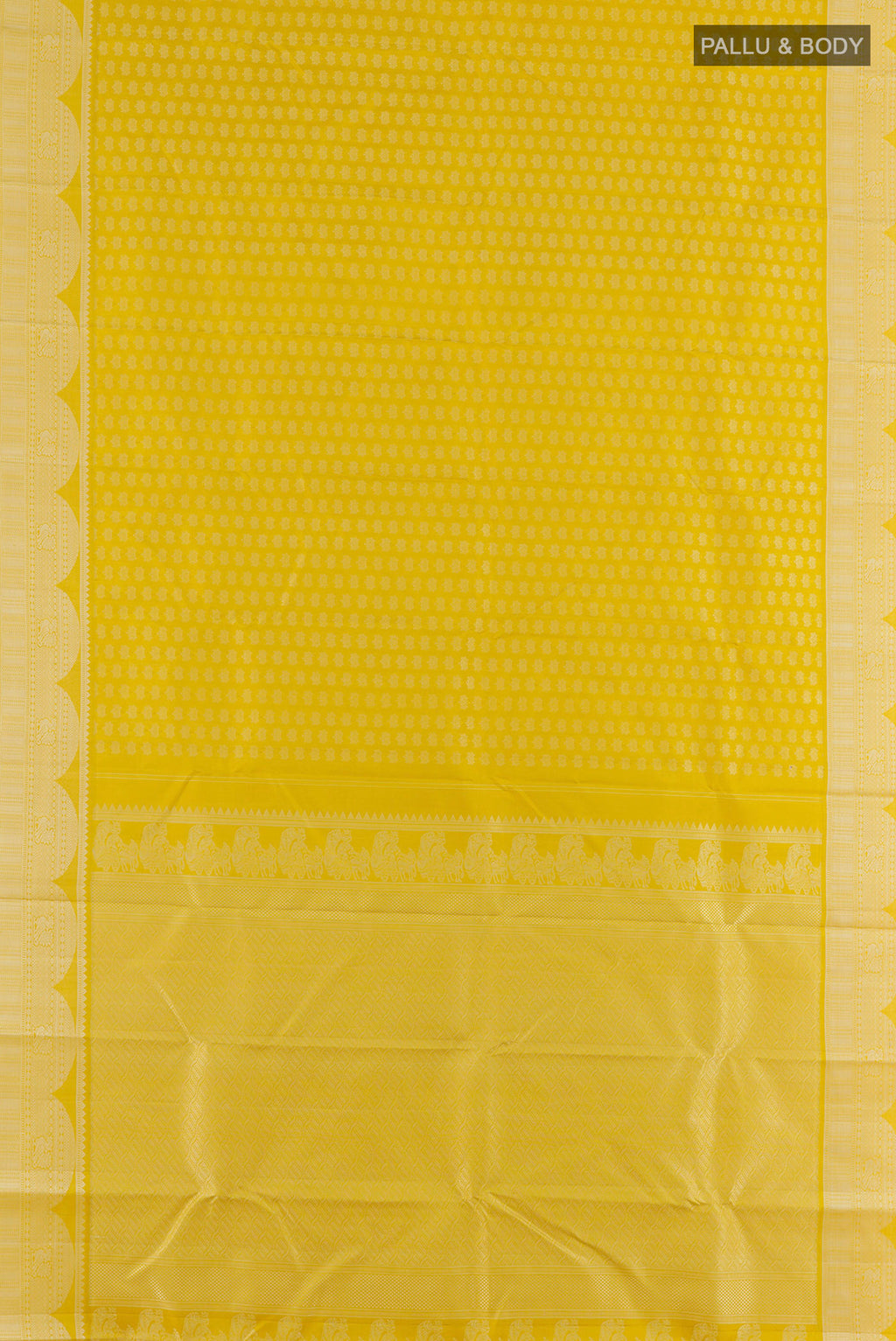 Flat view of Pure Silk Yellow Kanjivaram Saree with Thread Butta on the body and Thread Border. 