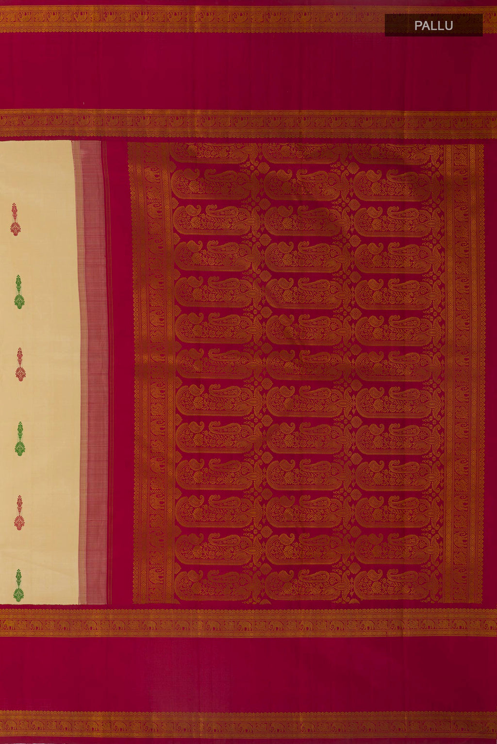 Close up image of the pallu of Pure Silk Sandal Kanjivaram Saree with Thread Butta on the body and Zari Border. 