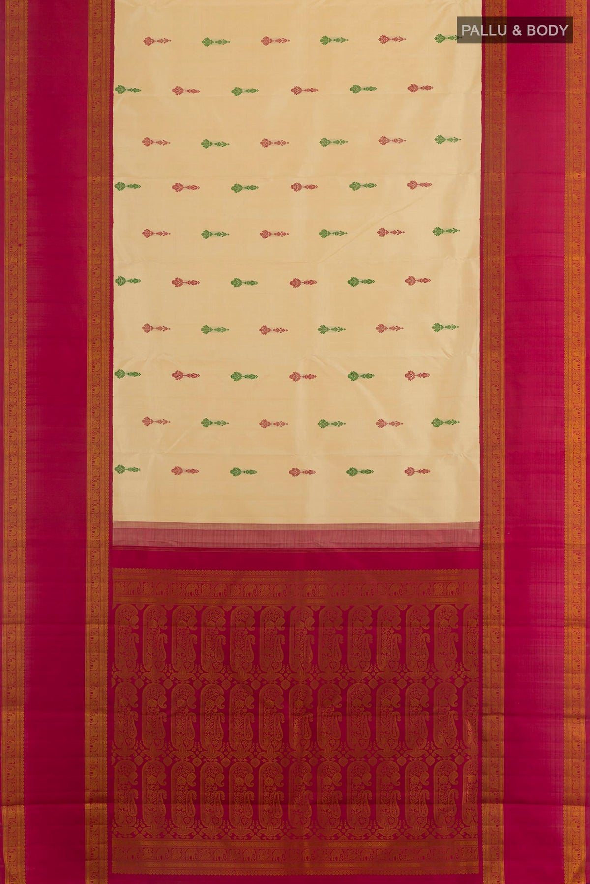 Flat view of Pure Silk Sandal Kanjivaram Saree with Thread Butta on the body and Zari Border. 