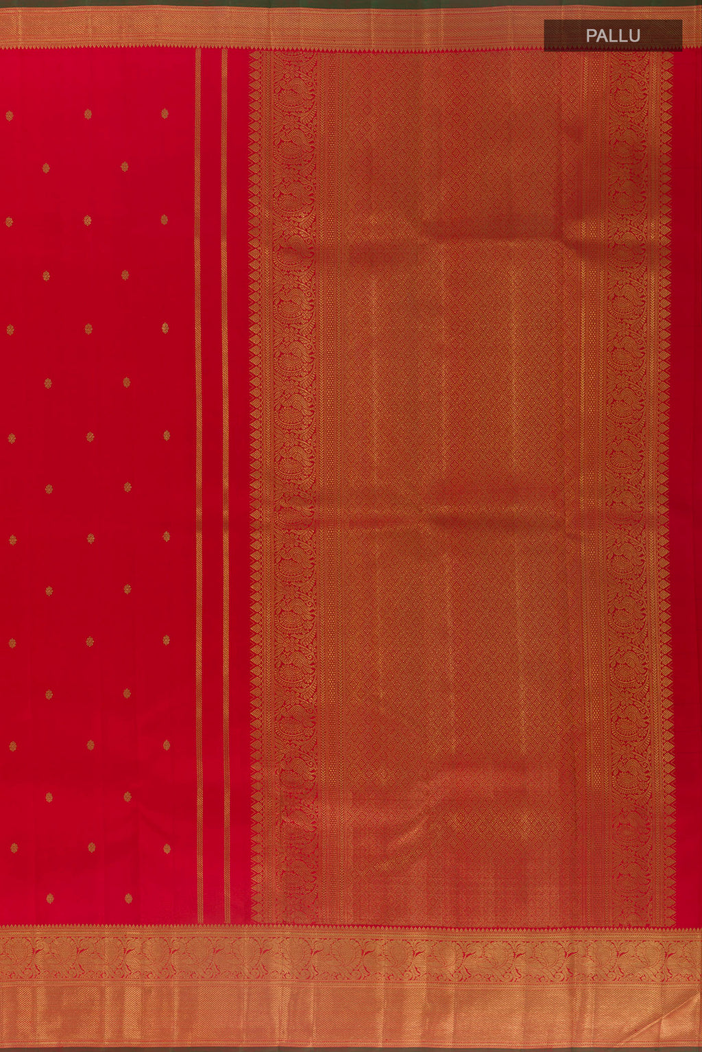 Close up image of the pallu of Pure Silk Pure Zari Red Kanjivaram Saree with Zari Butta on the body and Zari Border. 