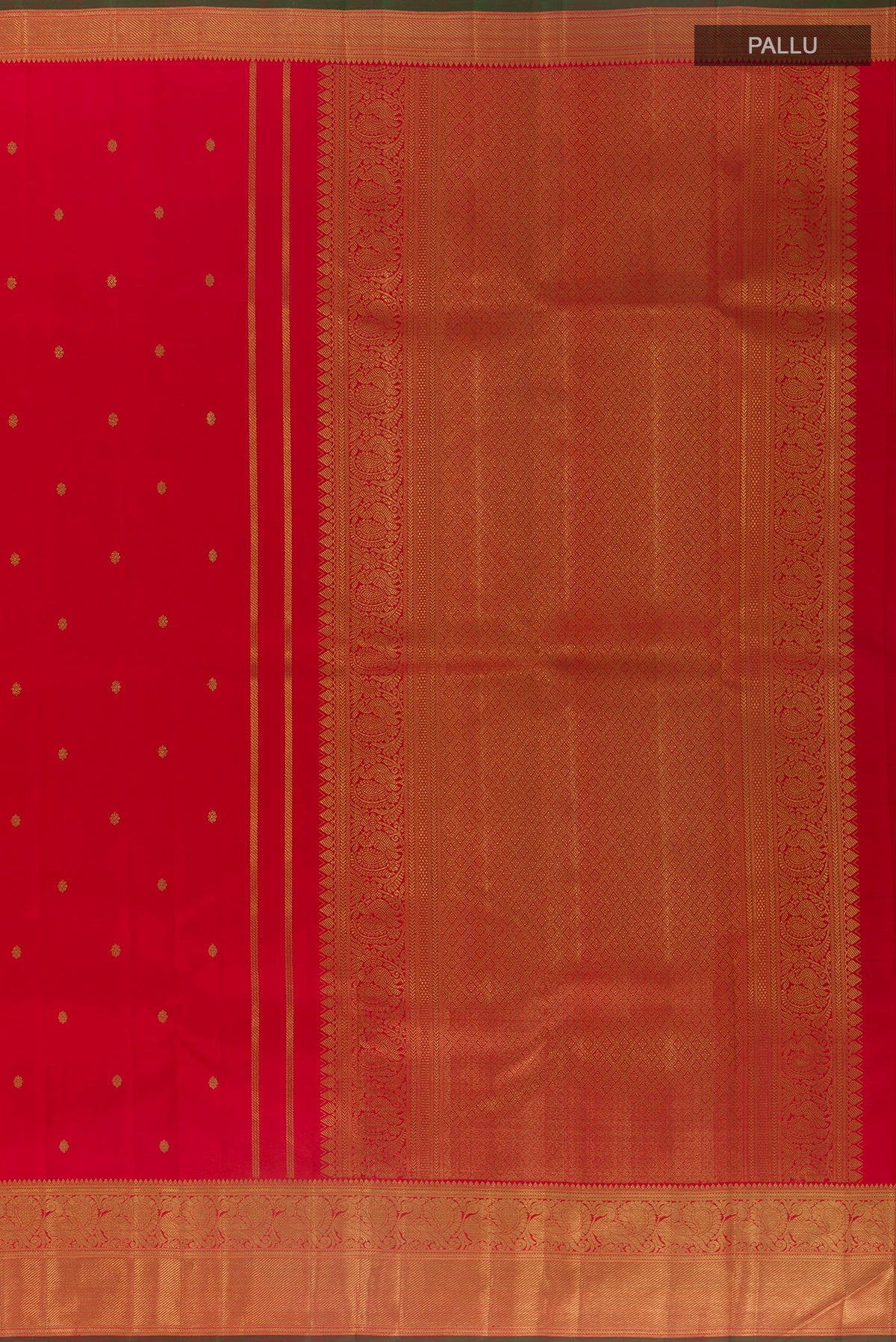 Close up image of the pallu of Pure Silk Pure Zari Red Kanjivaram Saree with Zari Butta on the body and Zari Border. 