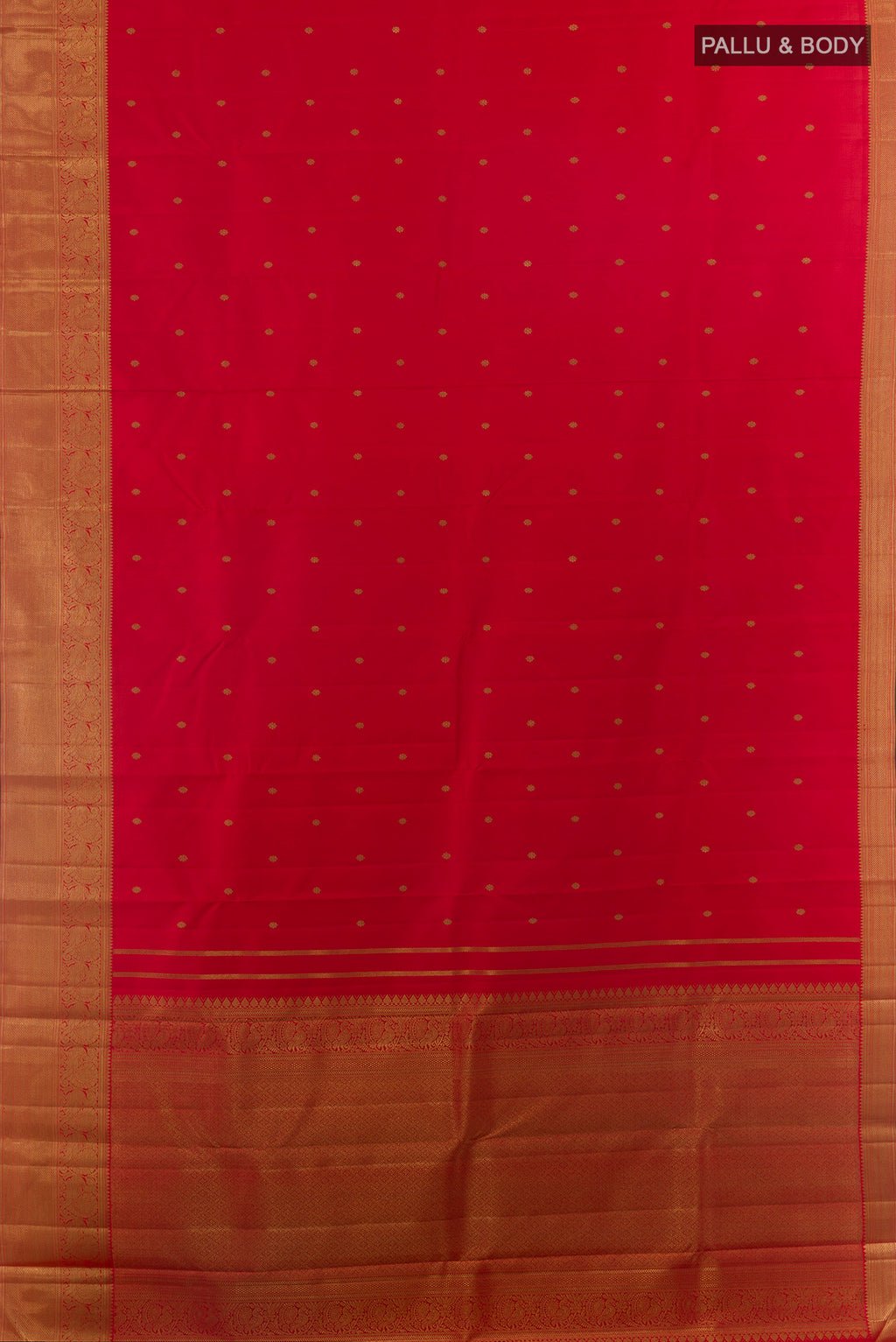 Flat view of Pure Silk Pure Zari Red Kanjivaram Saree with Zari Butta on the body and Zari Border. 