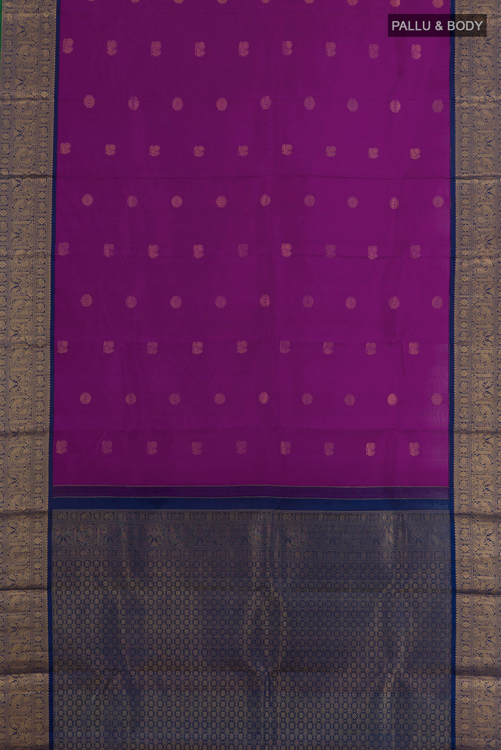 Flat view of Pure Silk Purple Kanjivaram Saree with Zari Butta on the body and Zari Border. 