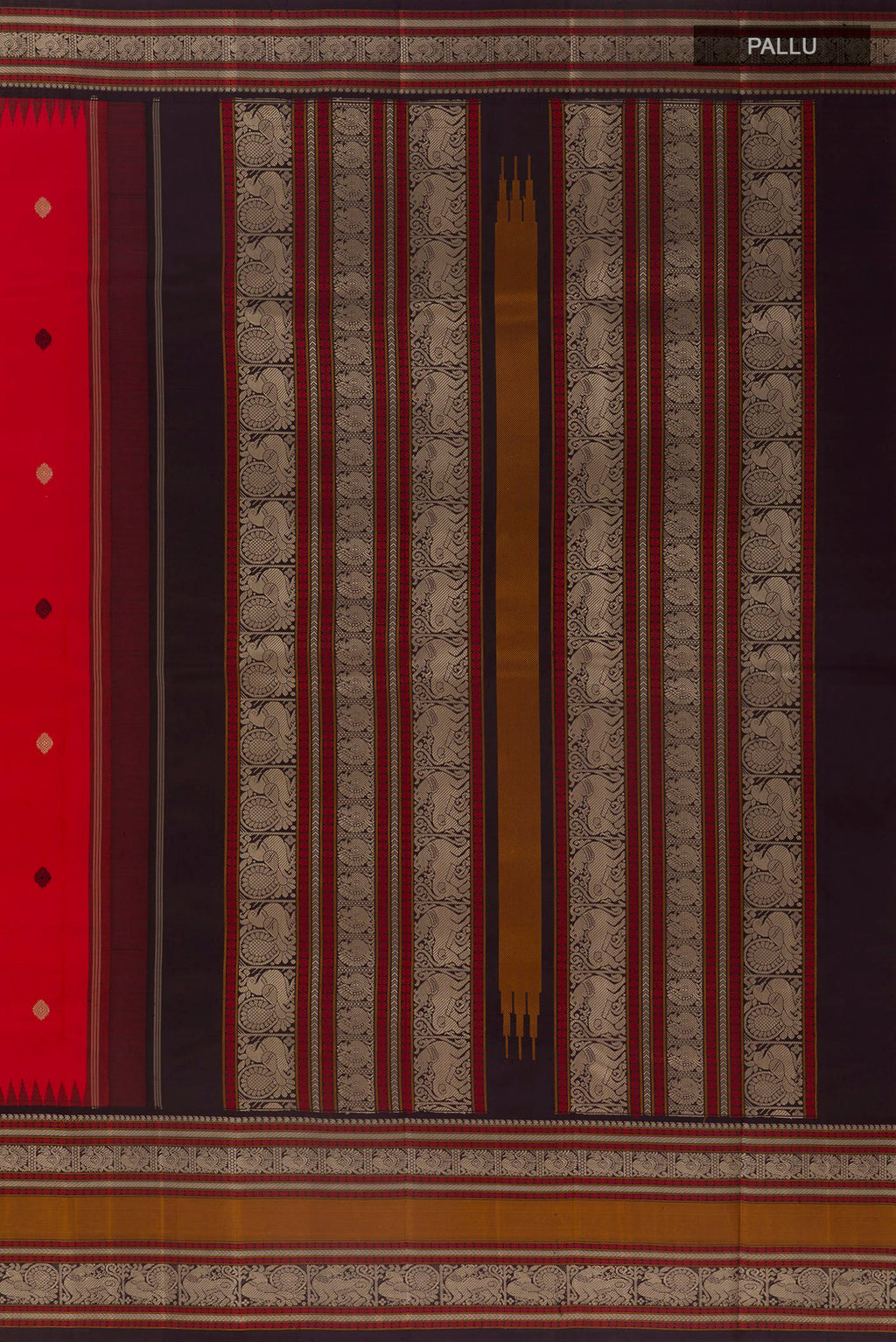 Close up image of the pallu of Pure Silk Red Kanjivaram Saree with Thread Butta on the body and Zari Border. 