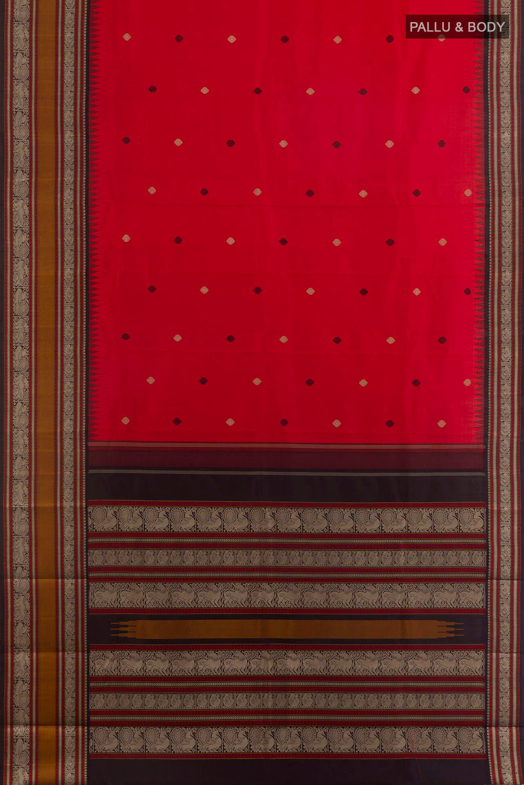 Flat view of Pure Silk Red Kanjivaram Saree with Thread Butta on the body and Zari Border. 