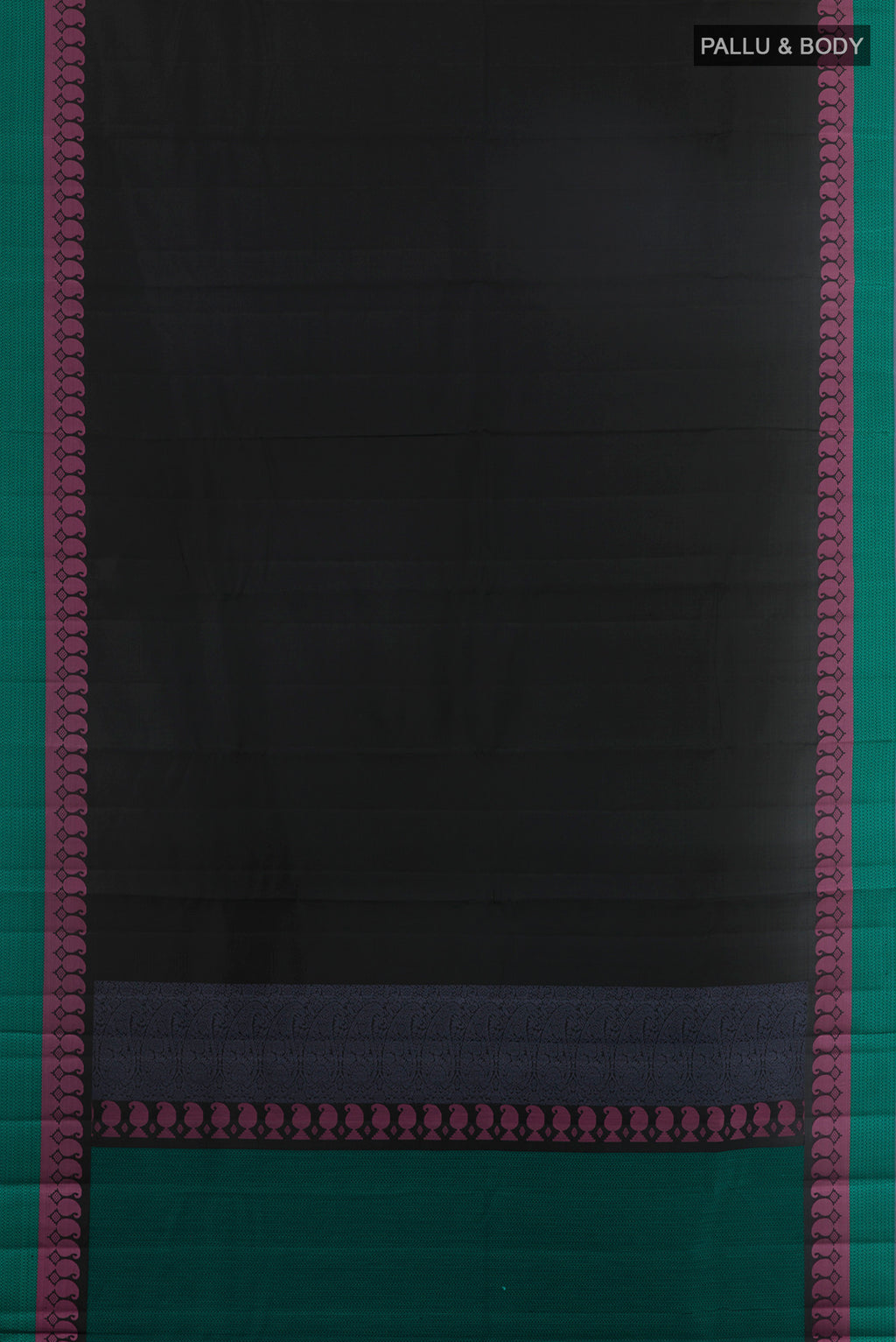 Flat view of Pure Silk Black Kanchipuram Saree with Plain Body and Thread Border. 