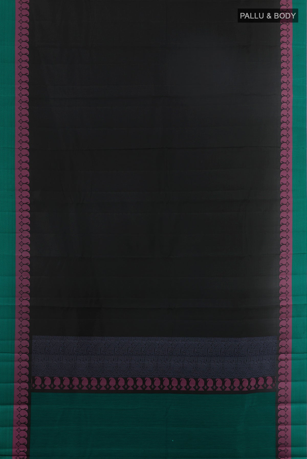 Flat view of Pure Silk Black Kanchipuram Saree with Plain Body and Thread Border. 