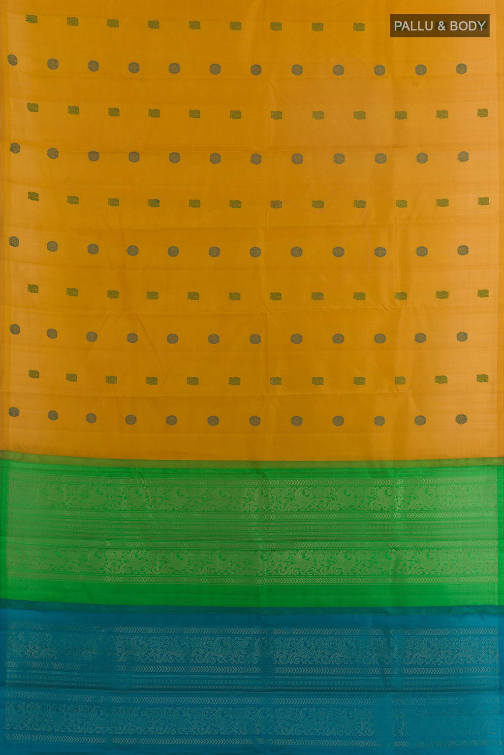 Flat view of Pure Silk Mustard Kanchipuram Saree with Thread Butta on the body and Without Border. 