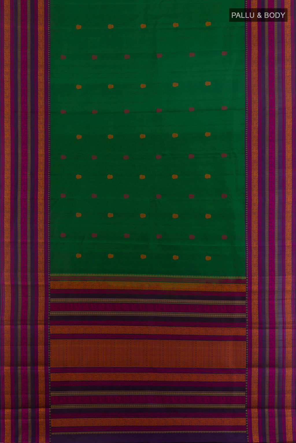 Flat view of Pure Silk Green Kanchipuram Saree with Thread Butta on the body and Thread Border. 