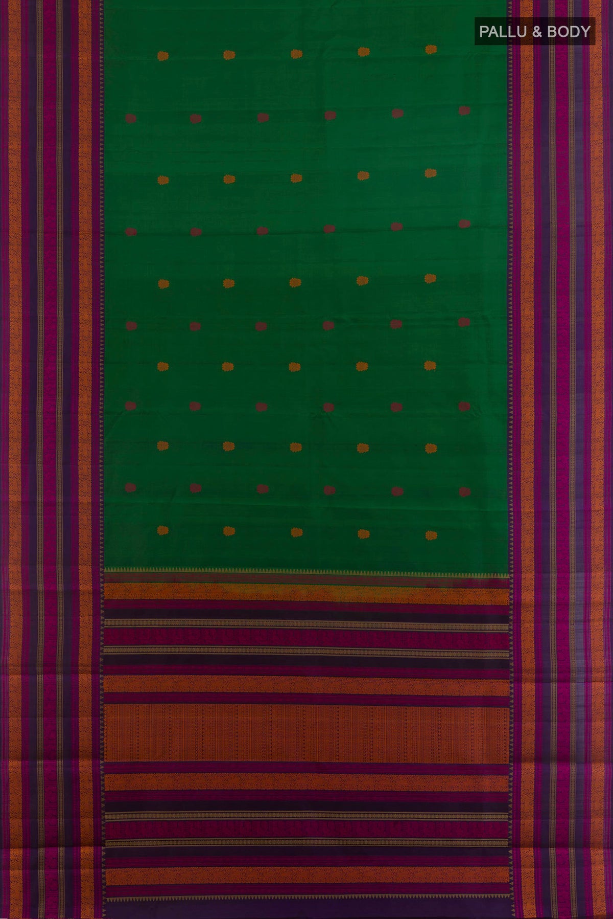 Flat view of Pure Silk Green Kanchipuram Saree with Thread Butta on the body and Thread Border. 
