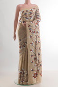 Beige Tussar Saree with Kantha Work on the body and Without Border.  displayed on a mannequin