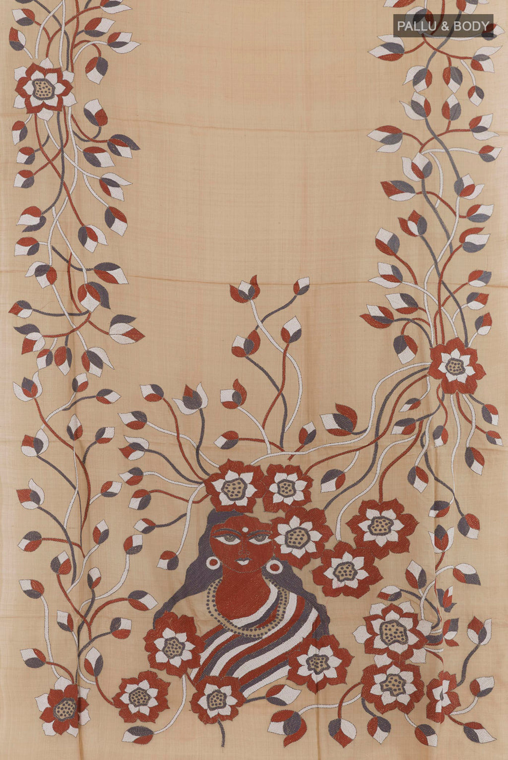 Flat view of Beige Tussar Saree with Kantha Work on the body and Without Border. 