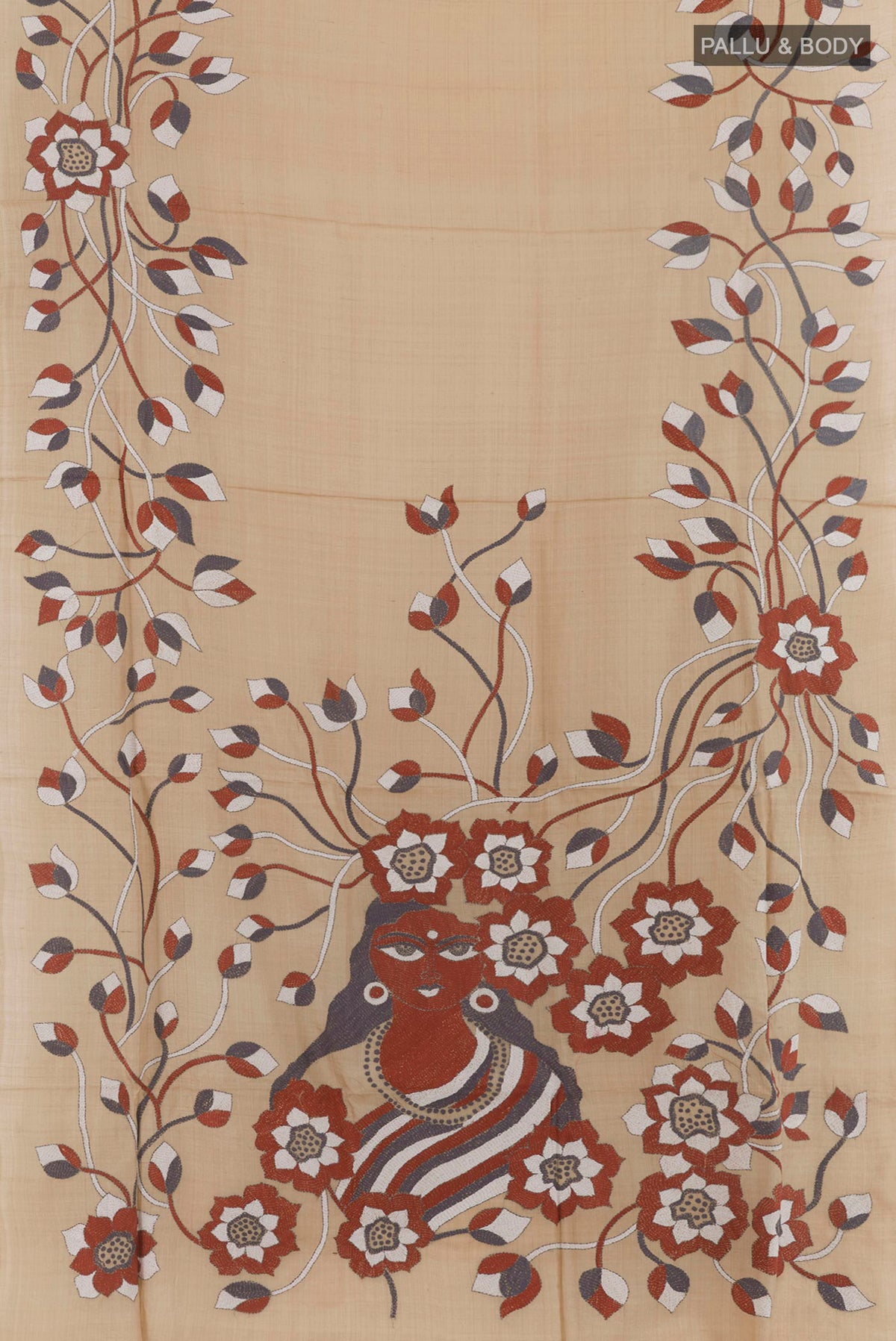 Flat view of Beige Tussar Saree with Kantha Work on the body and Without Border. 