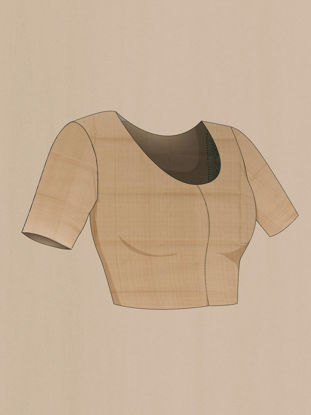 Close up image of the blouse of Beige Tussar Saree with Kantha Work on the body and Embroidery Border. 