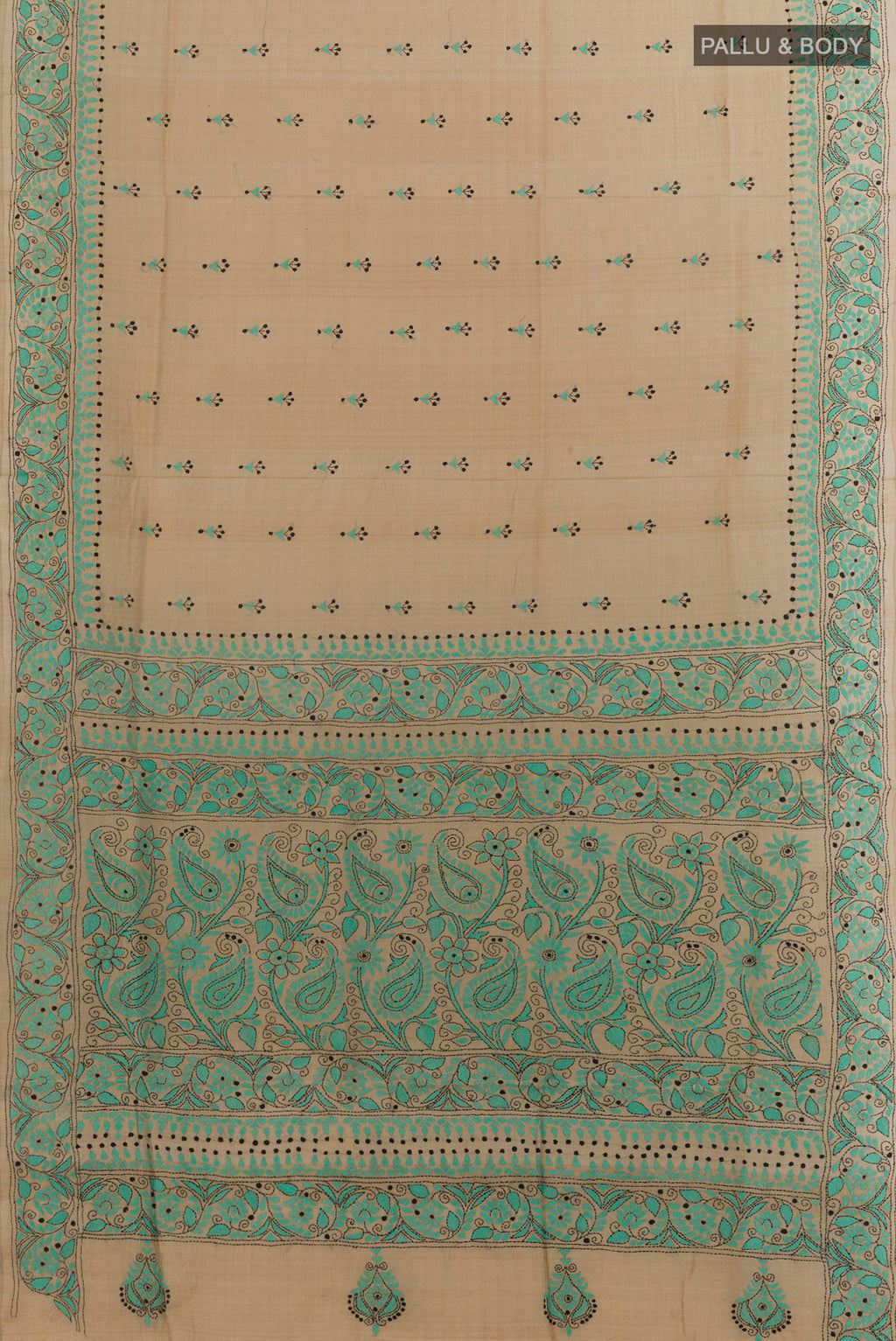 Flat view of Beige Tussar Saree with Kantha Work on the body and Embroidery Border. 