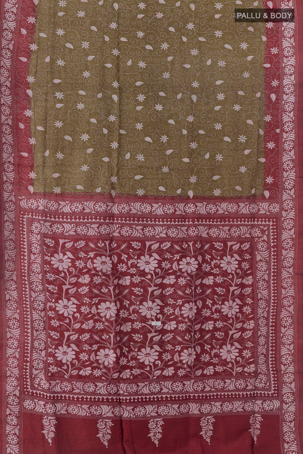 Flat view of Green Tussar Saree with Kantha Work on the body and Embroidery Border. 