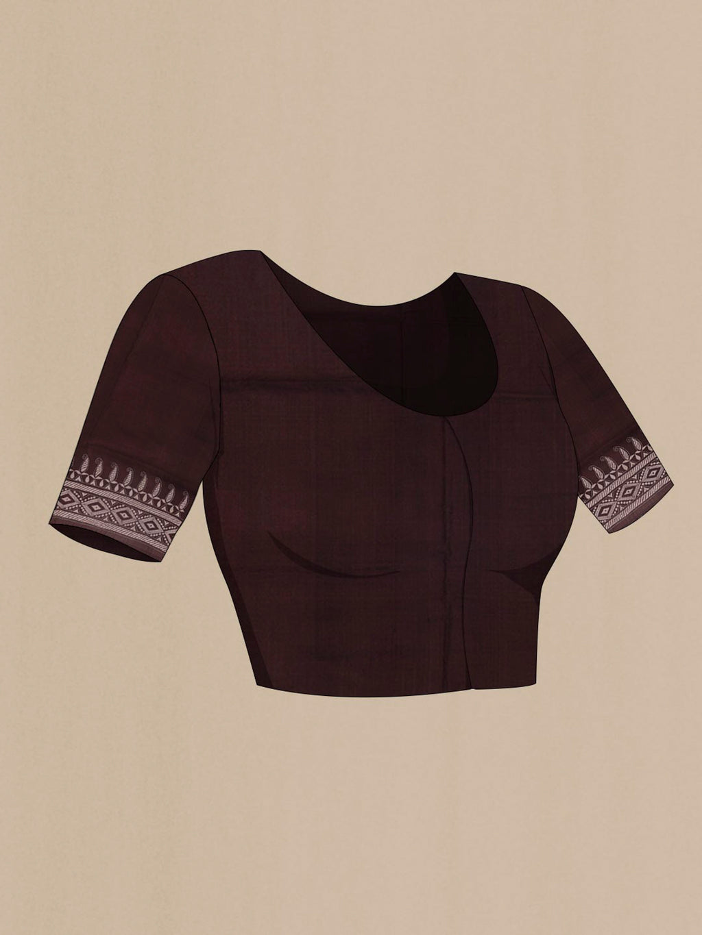 Close up image of the blouse of Maroon Tussar Saree with Kantha Work on the body and Embroidery Border. 