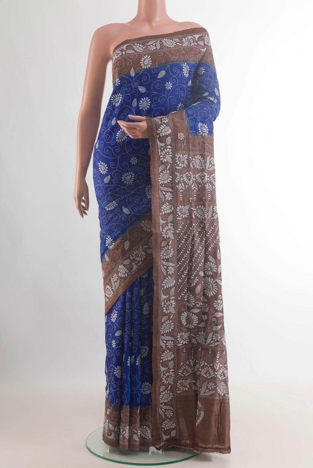 Acid Green Tussar Saree with Kantha Work on the body and Embroidery Border.  displayed on a mannequin