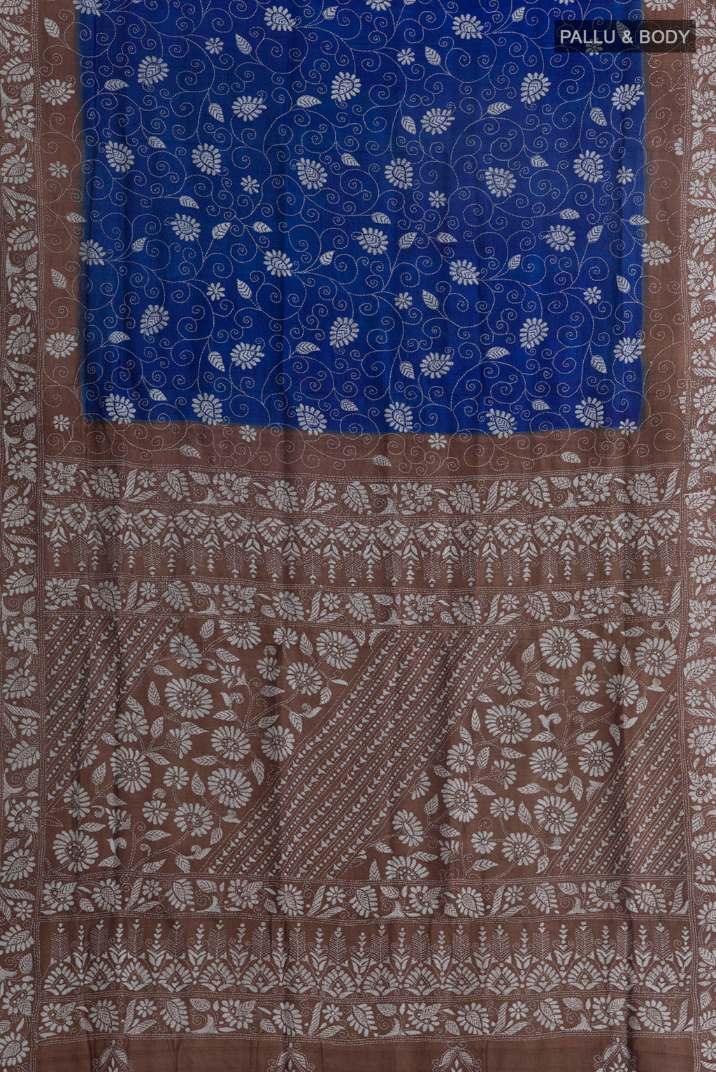 Flat view of Acid Green Tussar Saree with Kantha Work on the body and Embroidery Border. 