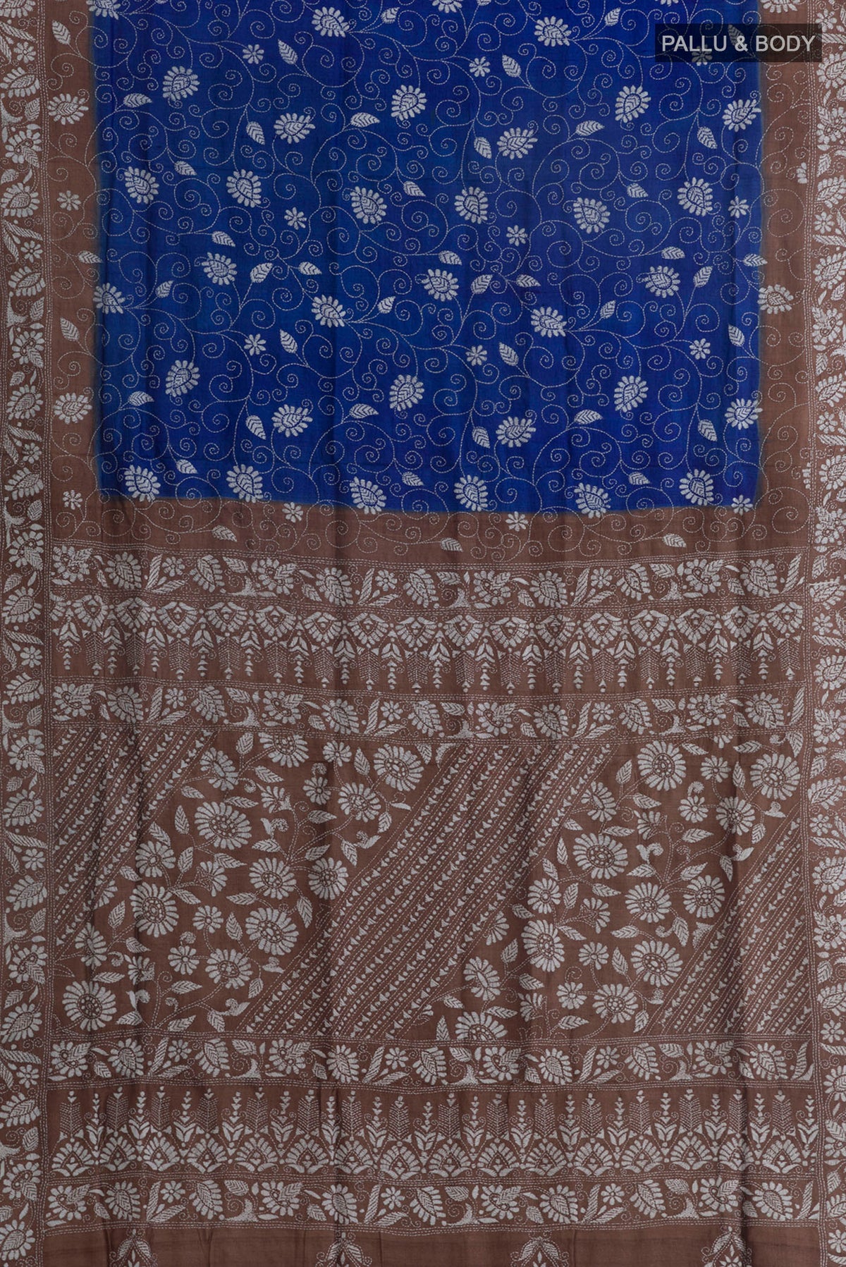 Flat view of Acid Green Tussar Saree with Kantha Work on the body and Embroidery Border. 