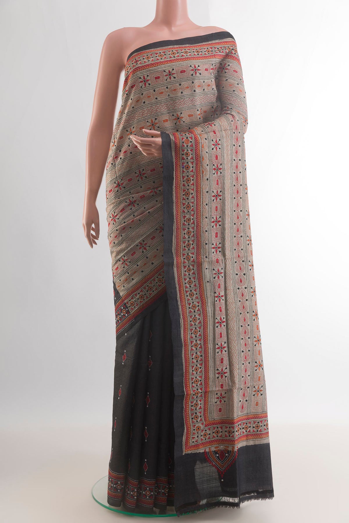 Multi Color Tussar Saree with Half And Half on the body and Embroidery Border.  displayed on a mannequin