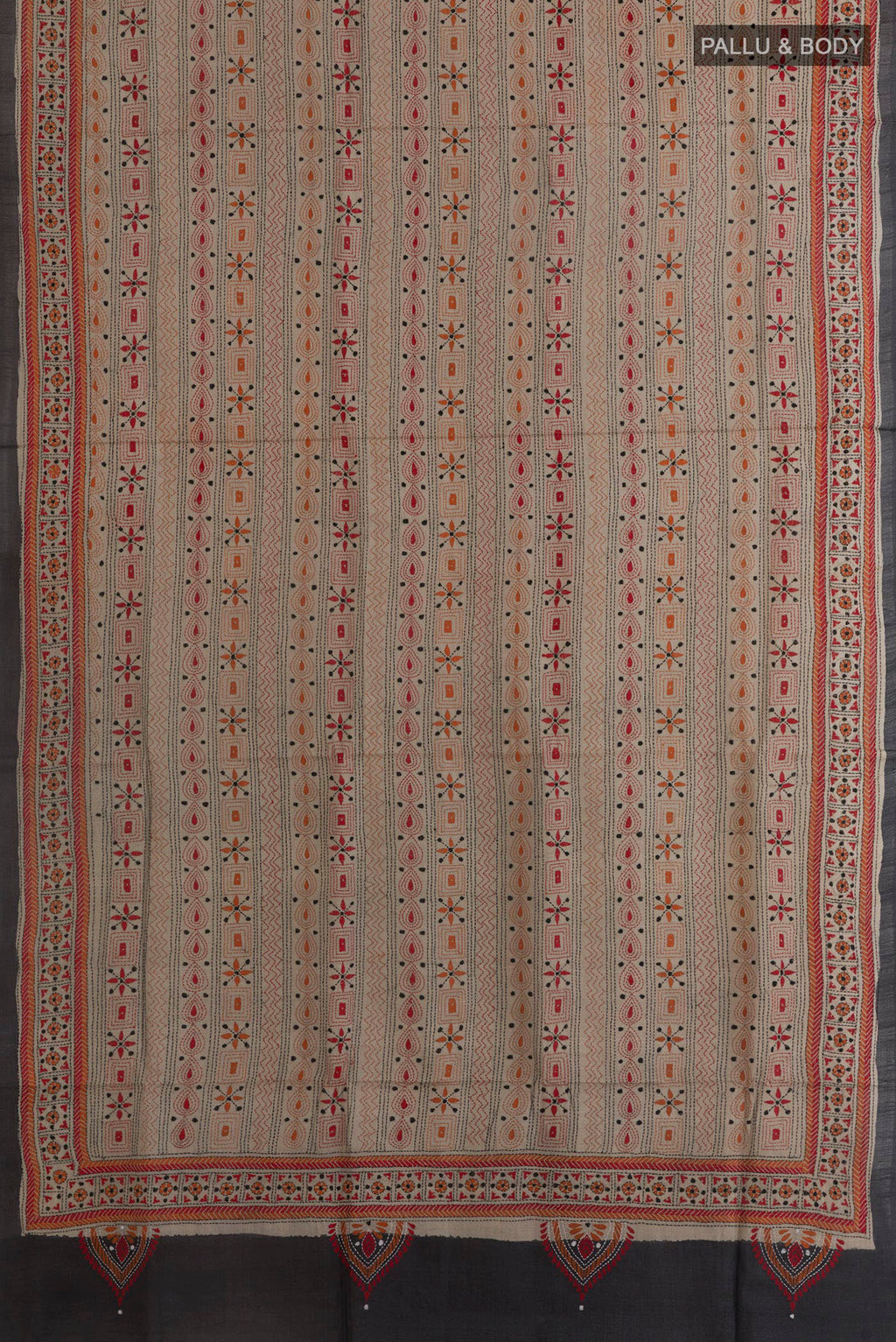Flat view of Multi Color Tussar Saree with Half And Half on the body and Embroidery Border. 
