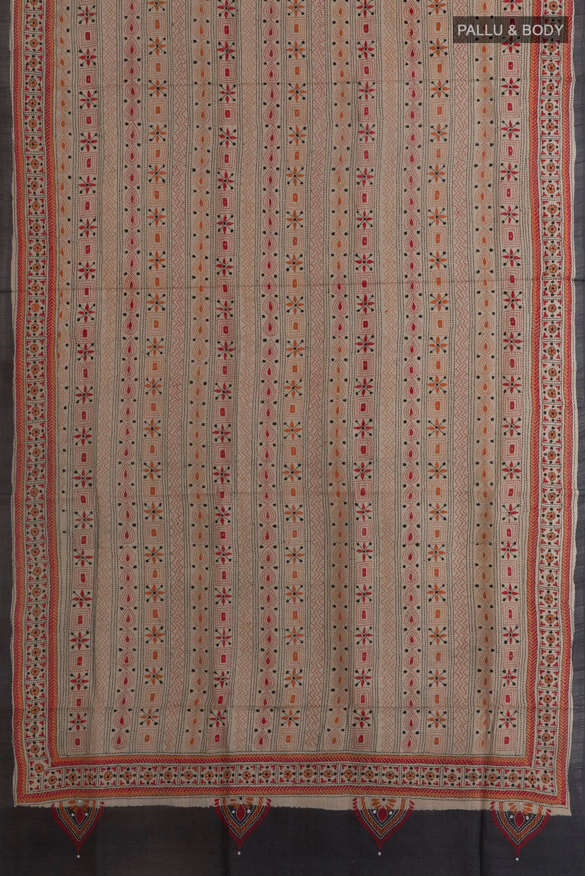 Flat view of Multi Color Tussar Saree with Half And Half on the body and Embroidery Border. 