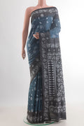 Blue Tussar Saree with Kantha Work on the body and Embroidery Border.  displayed on a mannequin