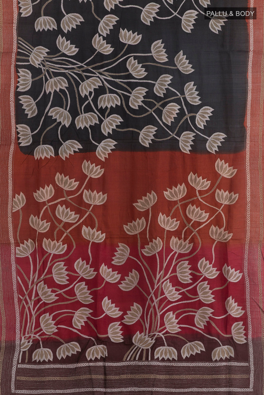 Flat view of Black Tussar Saree with Kantha Work on the body and Embroidery Border. 