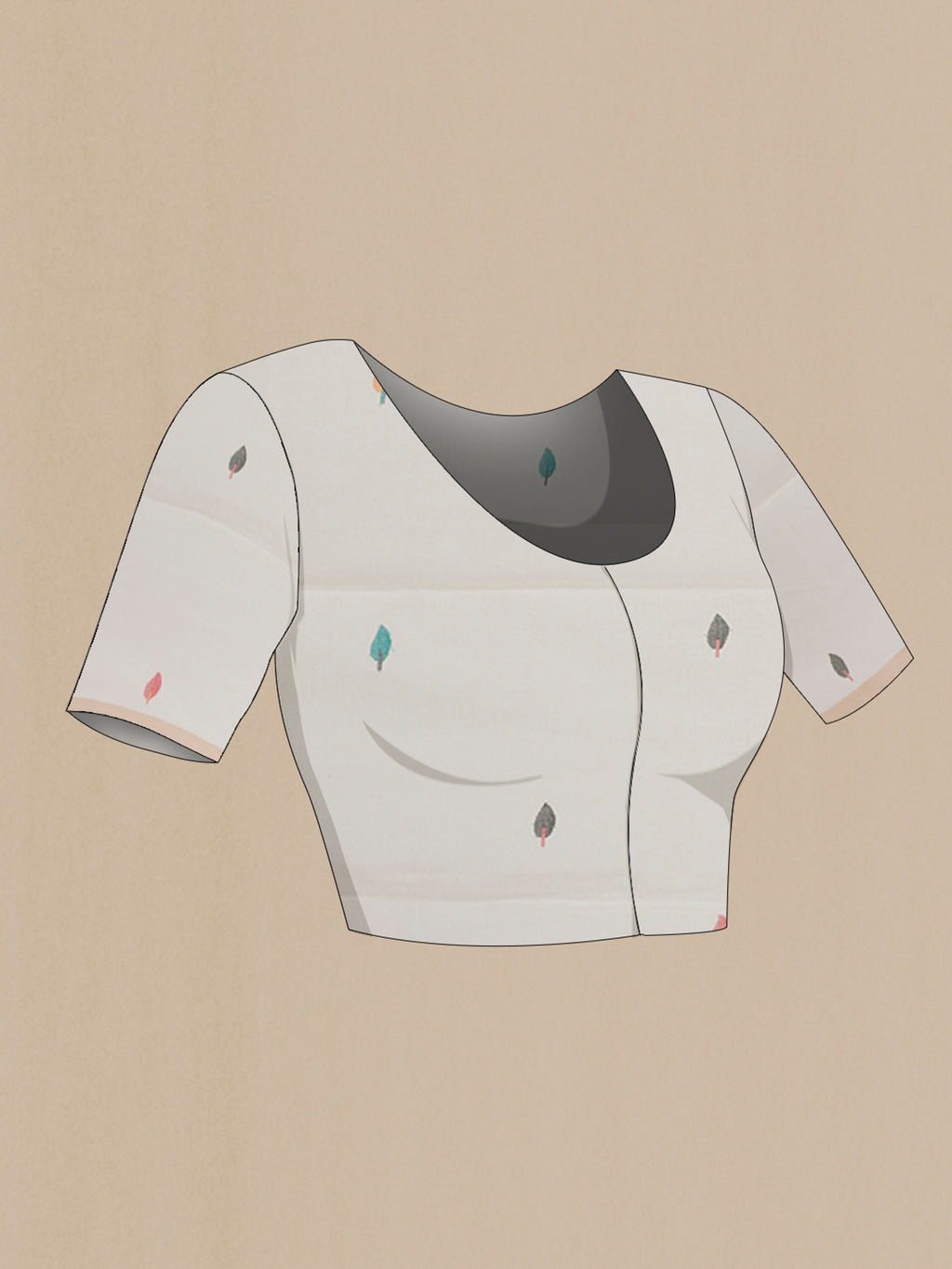 Close up image of the blouse of White Cotton Saree with Thread Butta on the body and Plain Border. 