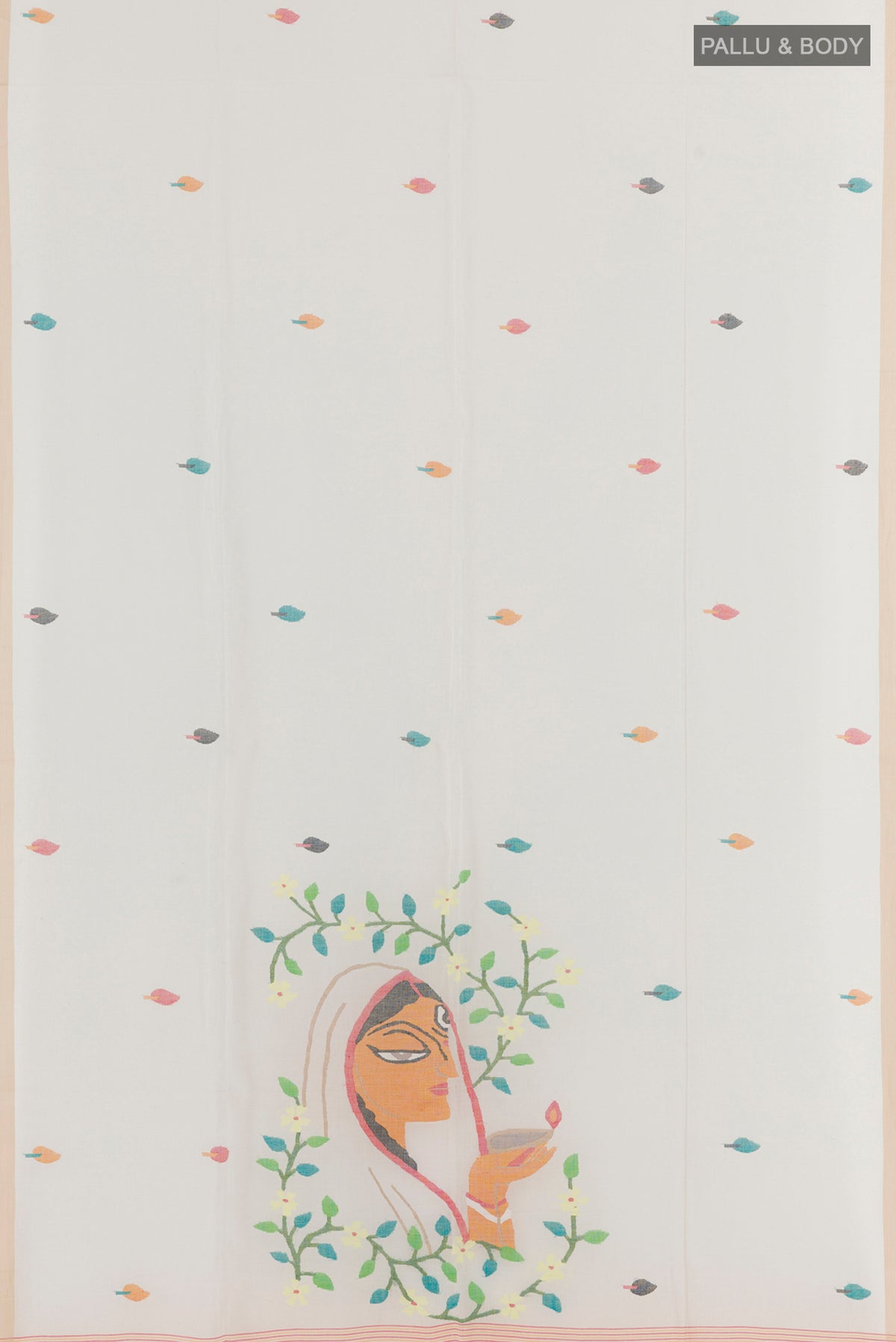 Flat view of White Cotton Saree with Thread Butta on the body and Plain Border. 