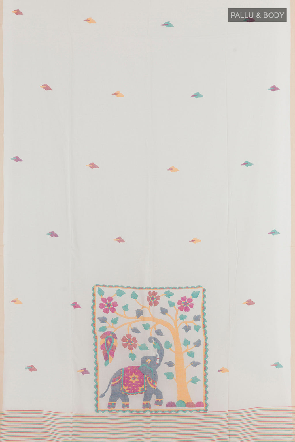 Flat view of White Cotton Saree with Thread Butta on the body and Plain Border. 