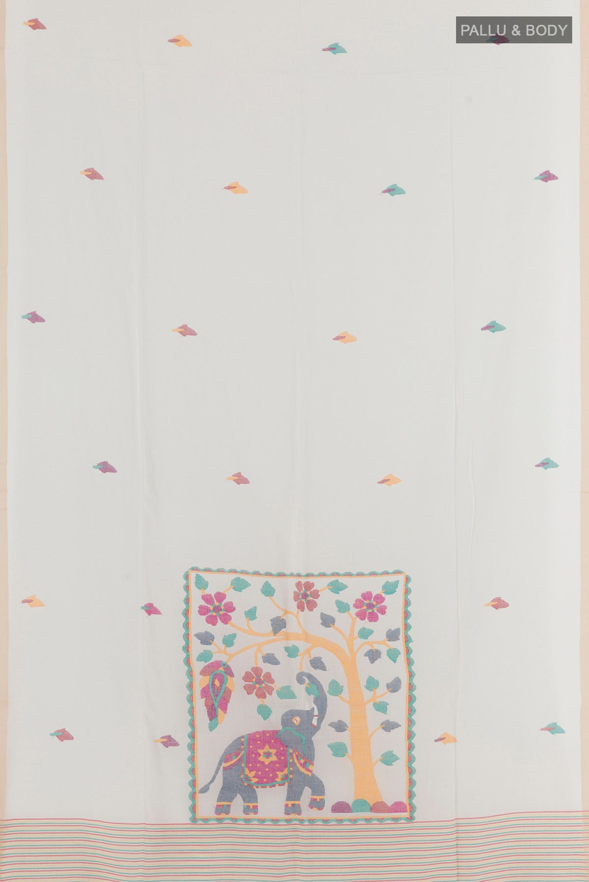 Flat view of White Cotton Saree with Thread Butta on the body and Plain Border. 