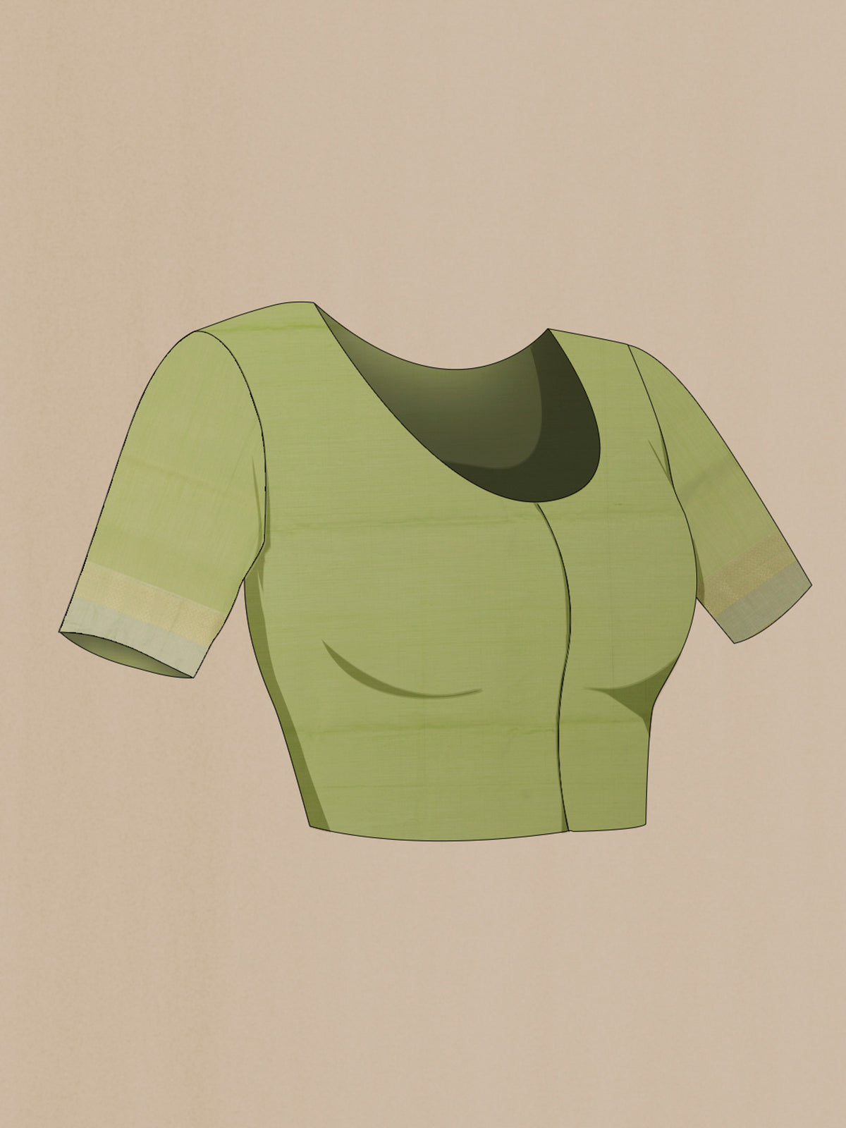 Close up image of the blouse of Light Green Maheshwari Cotton Saree with Zari Butta on the body and Zari Border. 