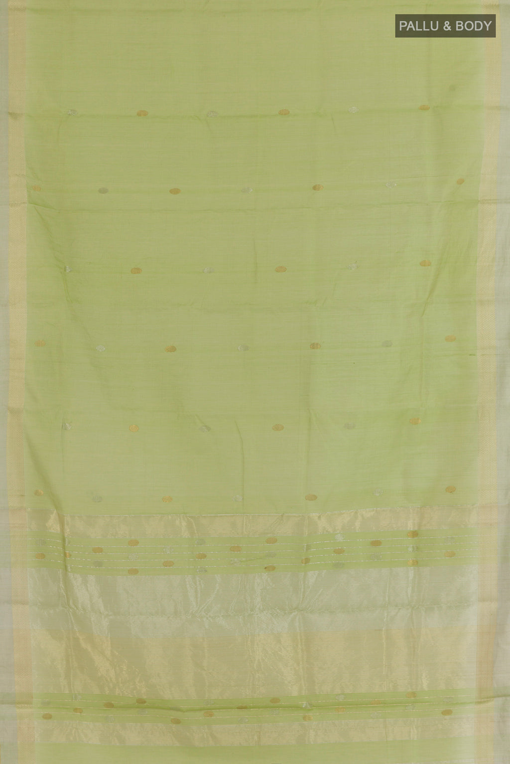Flat view of Light Green Maheshwari Cotton Saree with Zari Butta on the body and Zari Border. 