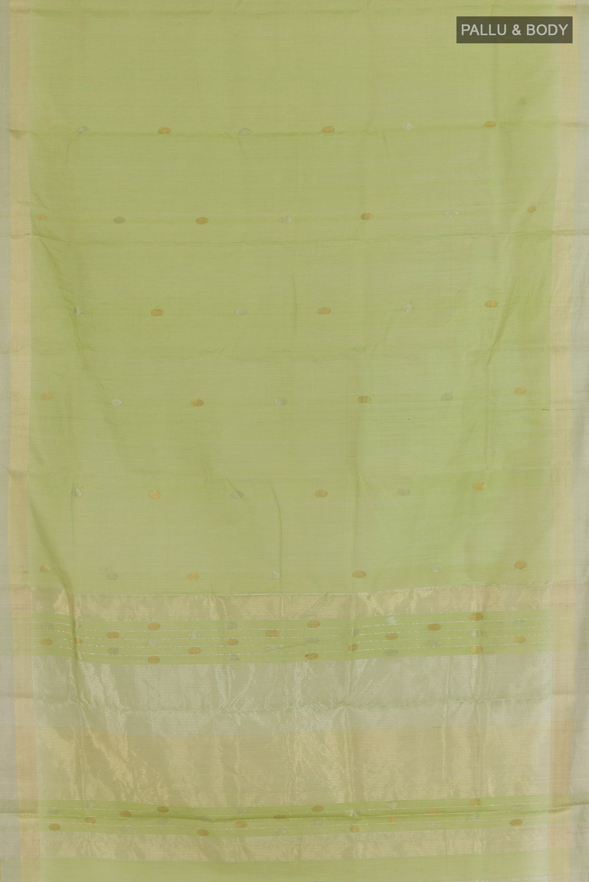 Flat view of Light Green Maheshwari Cotton Saree with Zari Butta on the body and Zari Border. 