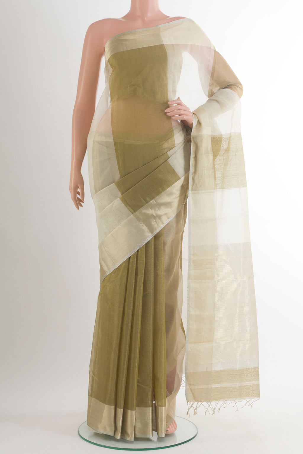 Green Blended Maheshwari Silk Cotton Saree with Stripes on the body and Zari Border.  displayed on a mannequin