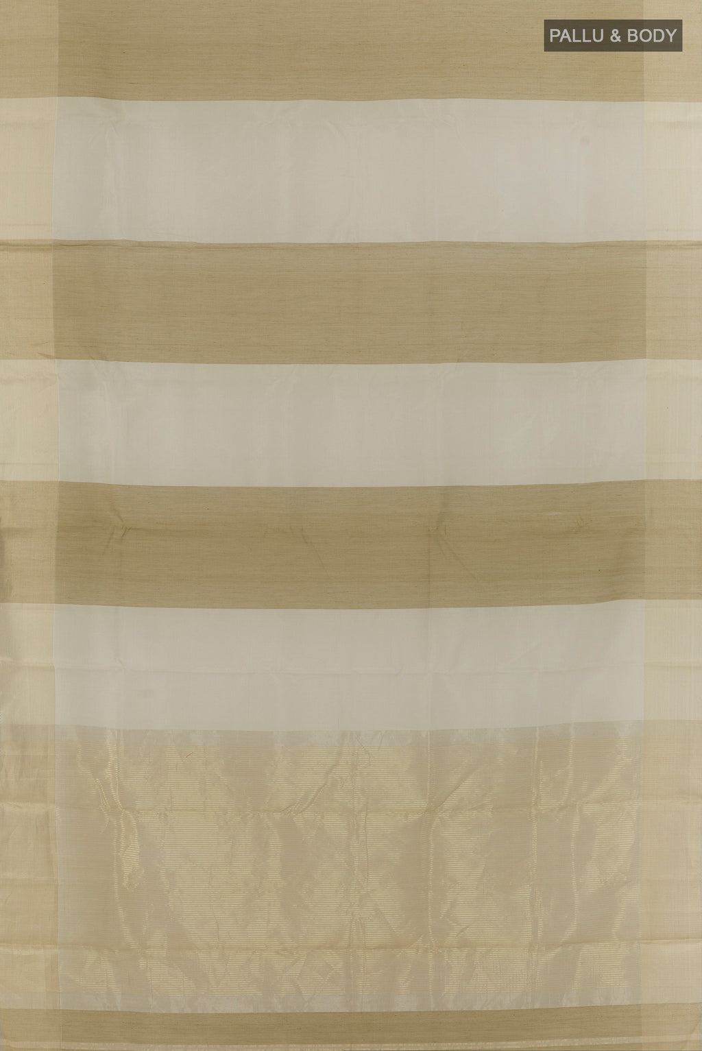 Flat view of Green Blended Maheshwari Silk Cotton Saree with Stripes on the body and Zari Border. 