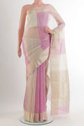 Multi Color Blended Maheshwari Silk Cotton Saree with Stripes on the body and Zari Border.  displayed on a mannequin