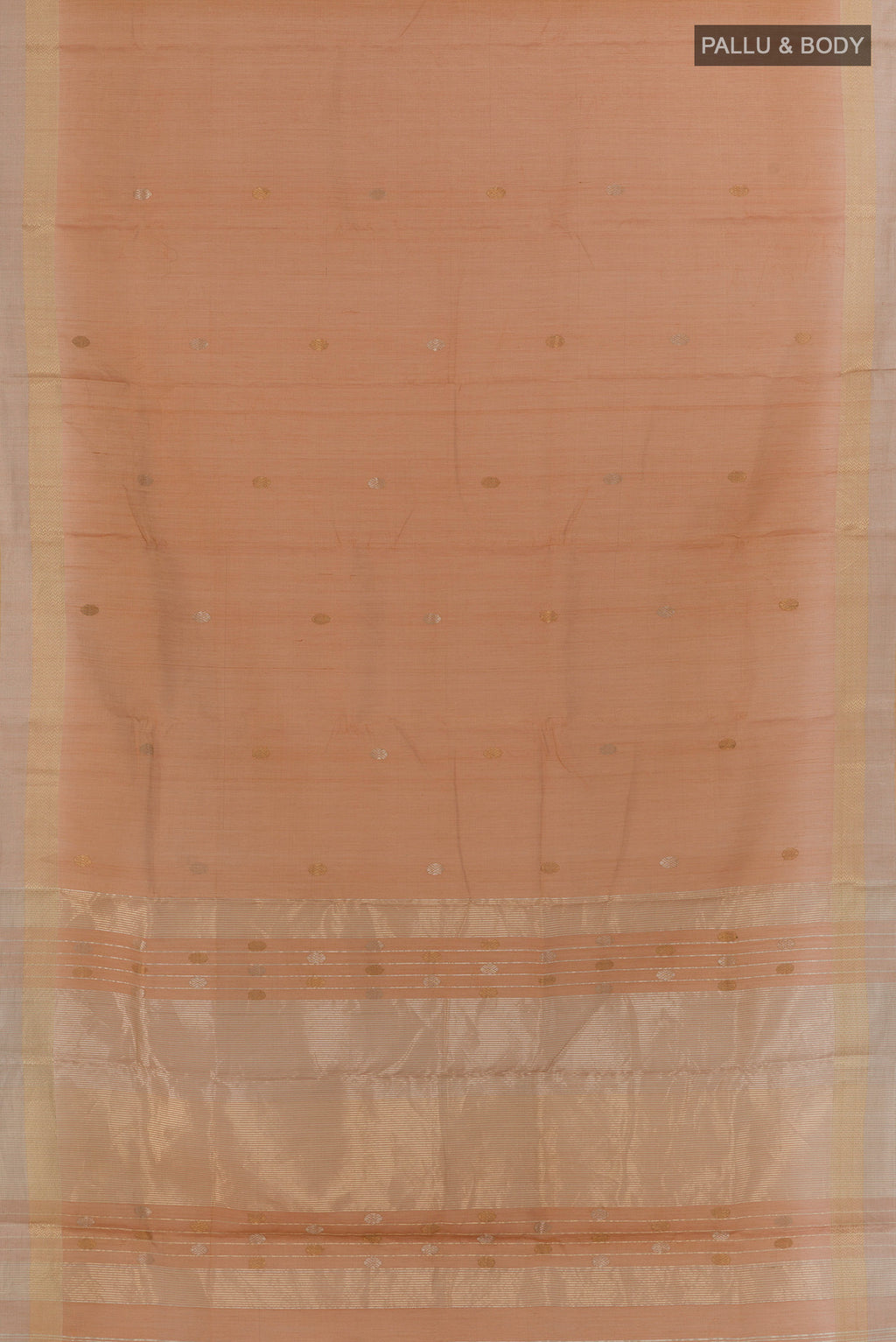 Flat view of Caramel Blended Maheshwari Silk Cotton Saree with Zari Butta on the body and Zari Border. 