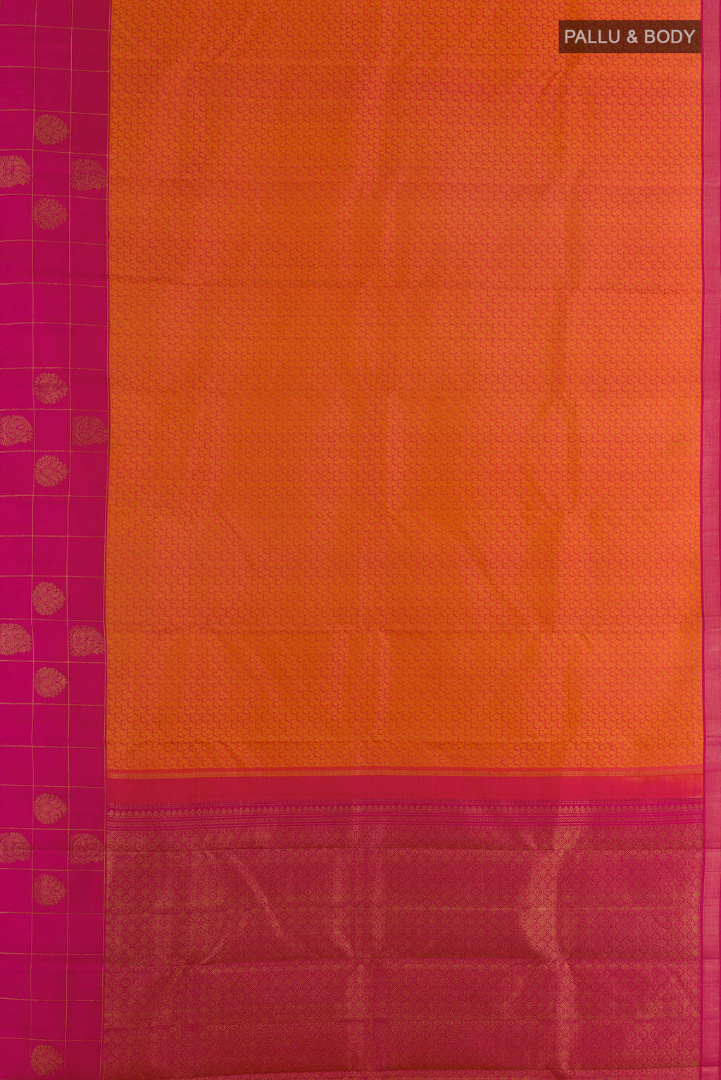 Flat view of Pure Silk Orange Kanjivaram Saree with Jacquard design on the body and Zari Border. 