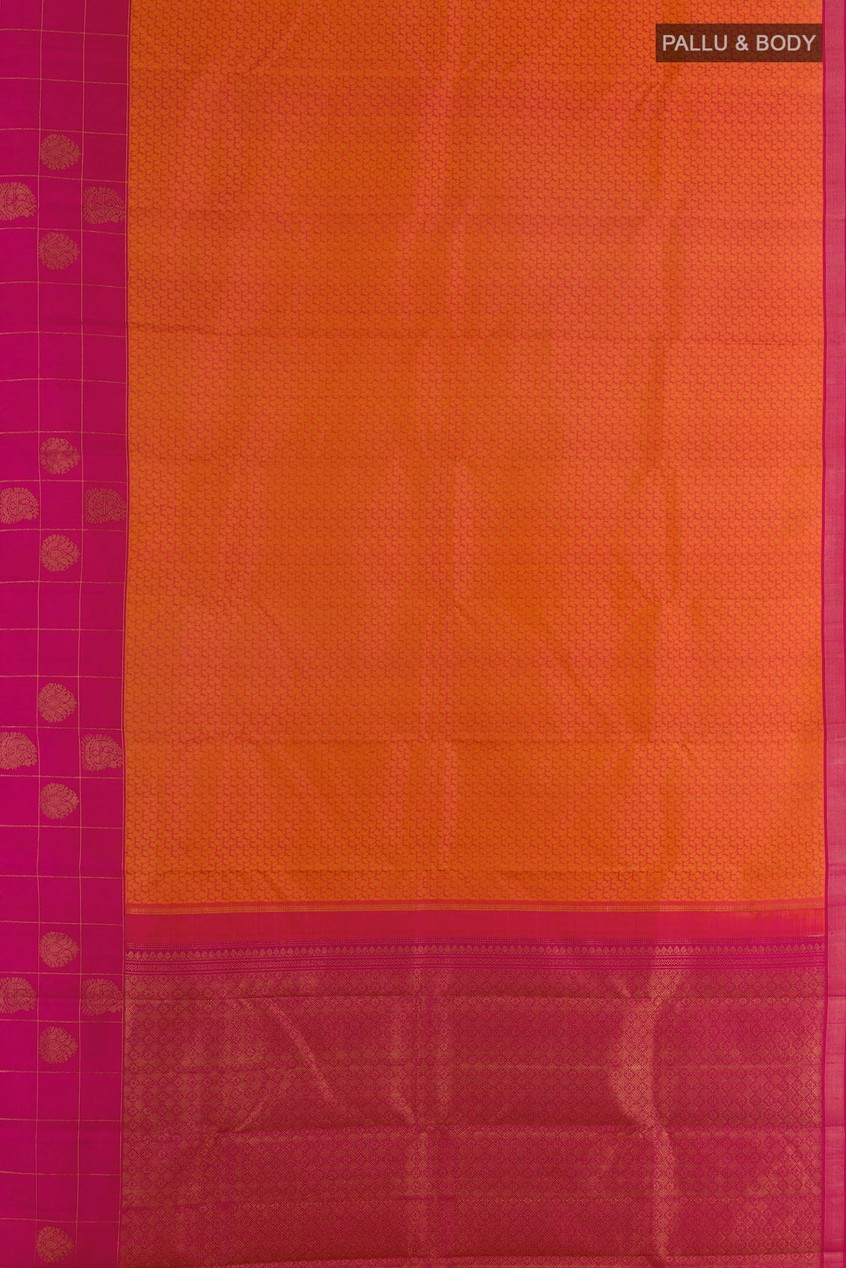 Flat view of Pure Silk Orange Kanjivaram Saree with Jacquard design on the body and Zari Border. 