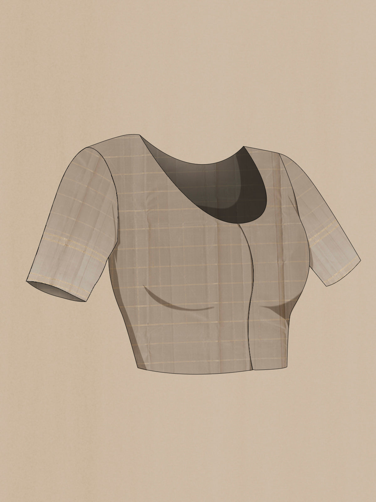 Close up image of the blouse of Pure Silk Grey Kanchipuram Saree with Checked design on the body and Zari Border. 