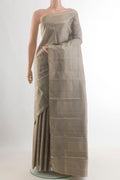 Pure Silk Grey Kanchipuram Saree with Checked design on the body and Zari Border.  displayed on a mannequin