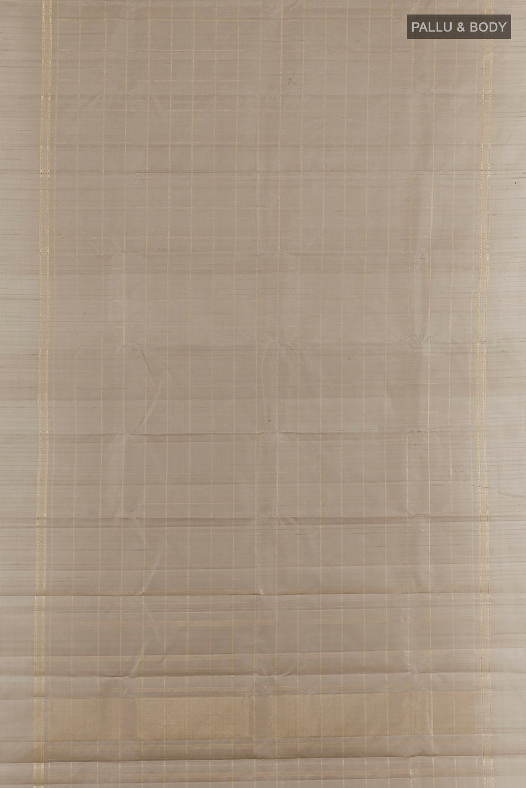 Flat view of Pure Silk Grey Kanchipuram Saree with Checked design on the body and Zari Border. 
