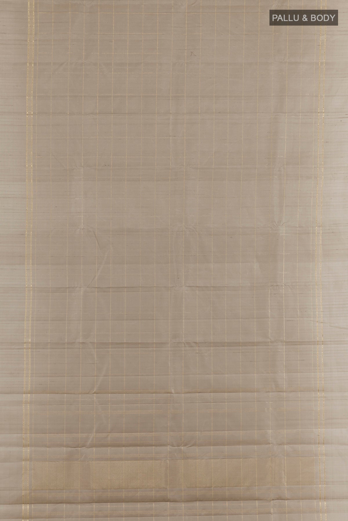 Flat view of Pure Silk Grey Kanchipuram Saree with Checked design on the body and Zari Border. 