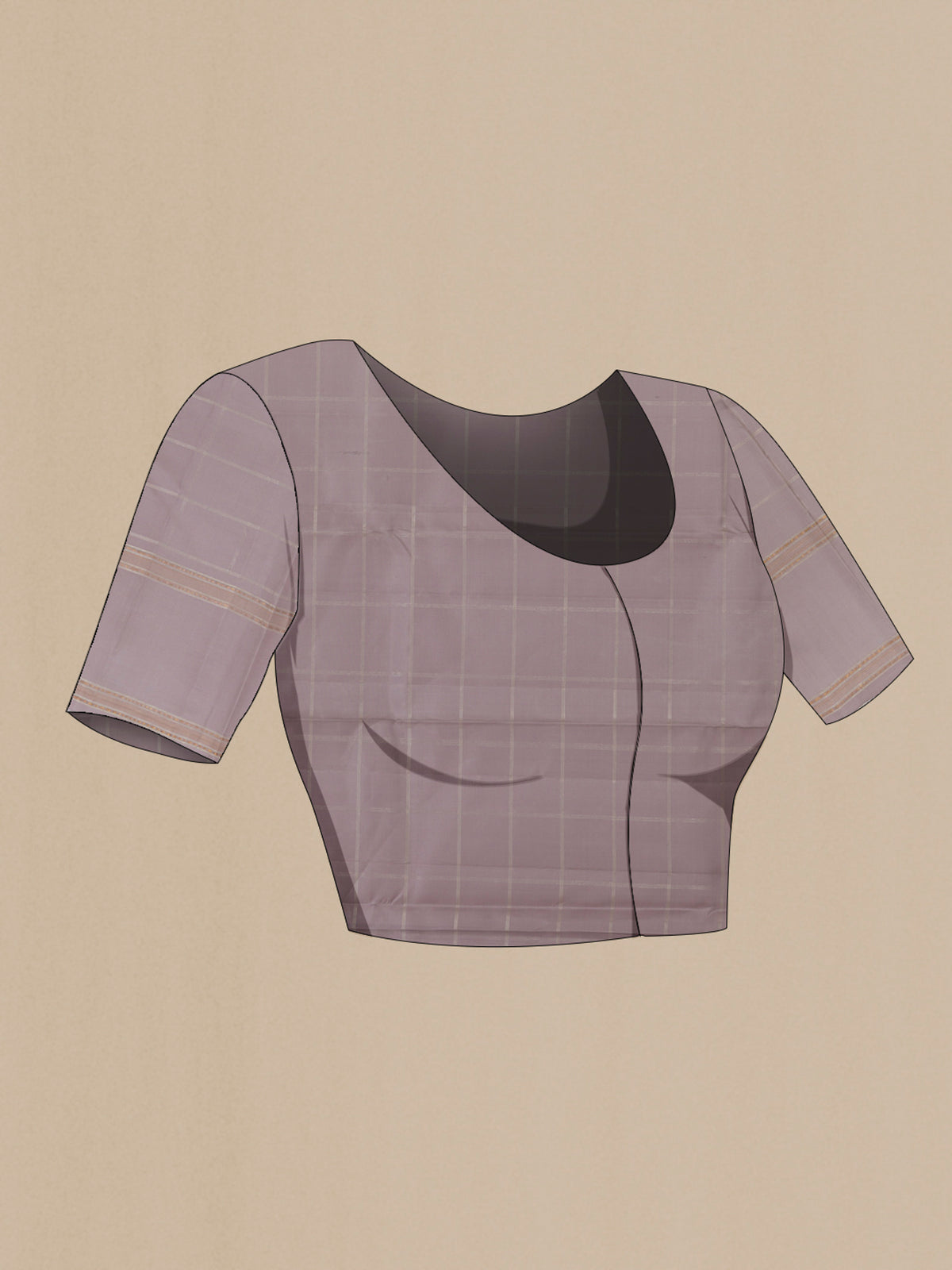Close up image of the blouse of Pure Silk Grey Kanchipuram Saree with Checked design on the body and Zari Border. 