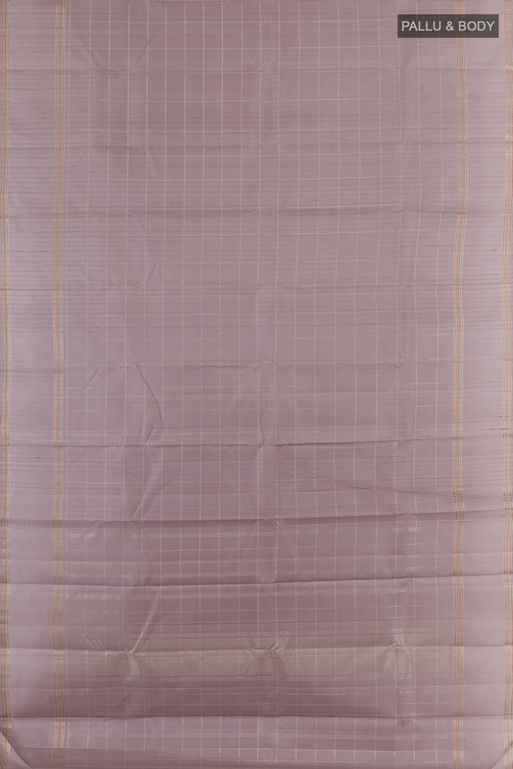 Flat view of Pure Silk Grey Kanchipuram Saree with Checked design on the body and Zari Border. 